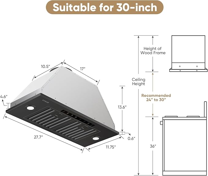 Range Hood Insert 30 Inch, Ducted/Ductless Convertible, 980 CFM Built-in Kitchen Vent Hood,Stainless Steel Range Hood with Gesture & Touch Control, Black Hoods for Over Kitchen Stove
