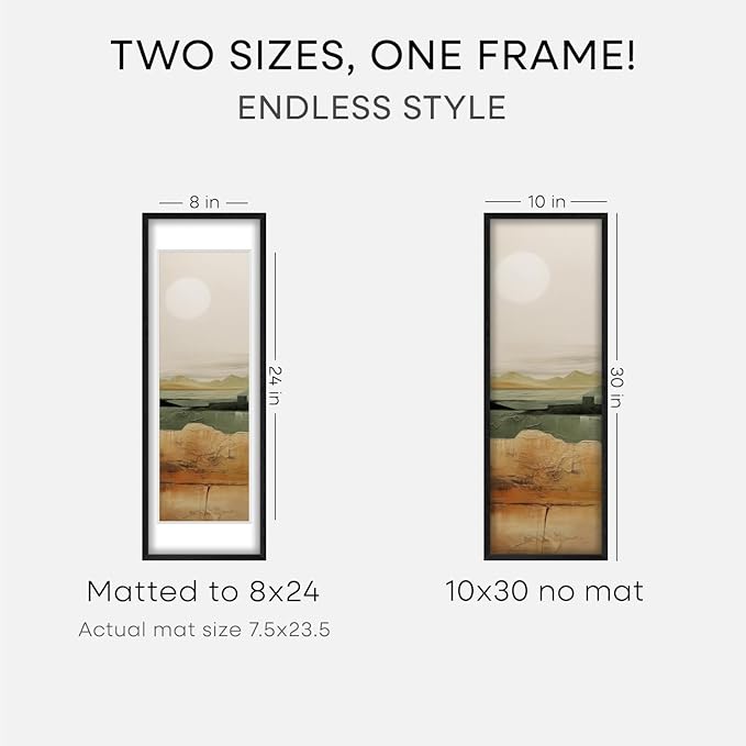 Homeforia 10x30 Black Wood Picture Frame, High End Oak 10x30 Poster Frames with Mat 8x24 Print, 10 x 30 Black Wooden Frames Matted to 8 by 24, 30x10 Panoramic Frame, Tempered Glass, Wall Kit, Set of 1