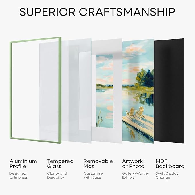 Homeforia 13x17 Picture Frame Sage Green, High End Metal 13x17 Poster Frames with Mat 10x14 Photo, 13 x 17 Sage Green Frame Matted to 10 by 14 Art, 17x13 Thin Frame, Tempered Glass, Wall Kit, Set of 2