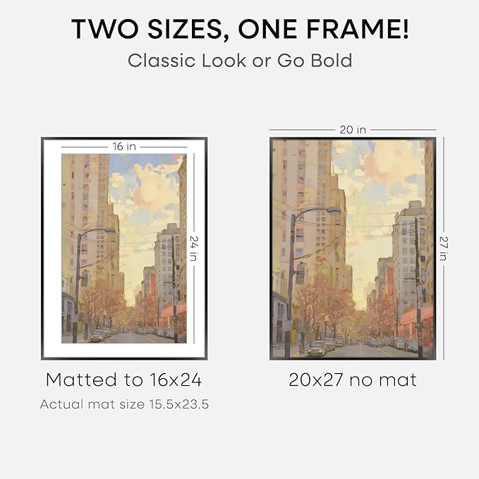 Homeforia 20x27 Picture Frame Black, High End Metal 20x27 Poster Frames with Mat 16x24 for Photo, 20 x 27 Black Frame Matted to 16 x 24 inch Print, 27x20 Thin Frame, Tempered Glass, Wall Kit, Set of 2