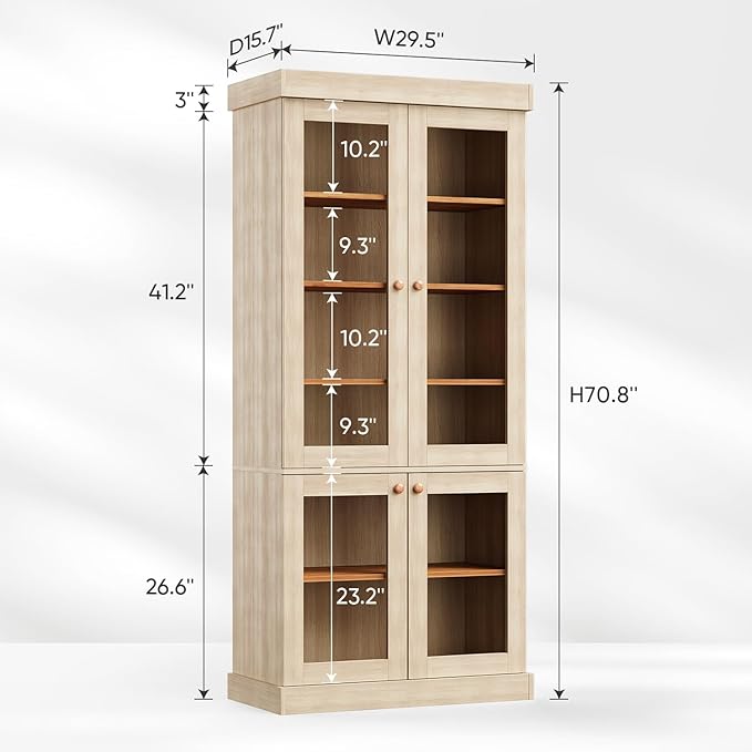 70.8" Bookshelf with Glass Doors, Farmhouse Modular Bookcase with 6-Tier Adjustable Shelves, Large Storage Cabinet for Living Room & Home Office, Set of 4, Brown