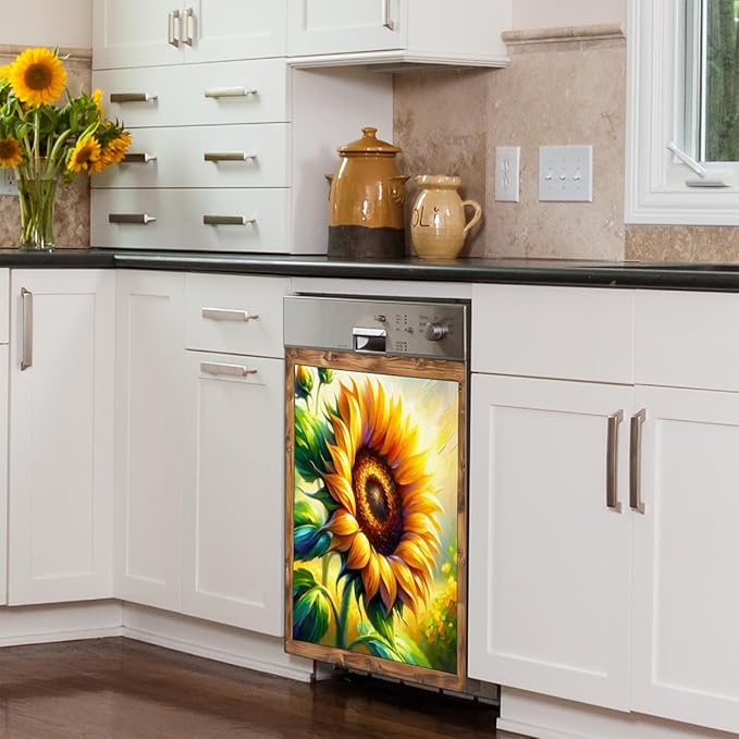 Painting Sunflowers Flower Dishwasher Magnet Cover Front Dishwasher Cover Decor Reusable Magnetic Door Cover Panel Decal Home Appliances Stickers Kitchen Refrigerator Fridge 23"x26"