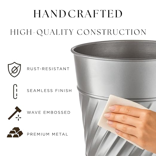Monarch Abode Metal Bathroom Trash Can – Waste Basket for Bedroom, Office Desk, & Dorm, Handcrafted Wave Embossed, Durable Decorative Pewter Small Trash Can Bathroom Garbage Bin Wastebasket