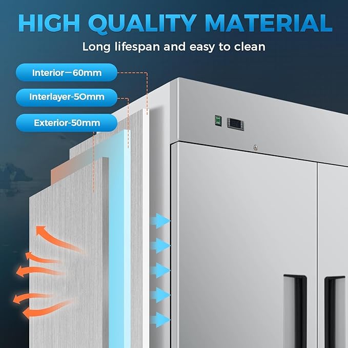 Commercial Refrigerator 2-Doors Solid Upright Reach in Two Section Inside Stainless Steel 54" Width, Capacity 43 Cuft, Bottom Mounted Restaurant Quality Kitchen Cooler Fridge, NSF Certified