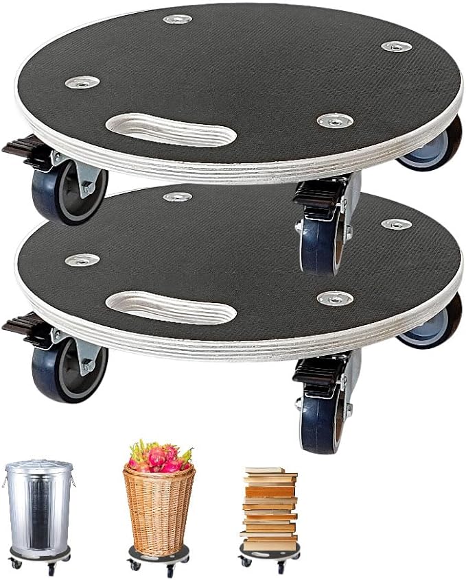 15-Inch Round Wood Platform Dolly with TPR Silent 2" Wheel with 2 Brake +2 Without, 551-lb Load Capacity Heavy Duty Wood Furniture Dolly, Multifunctional Movers Carrier,Plant Dolly, Two Pack