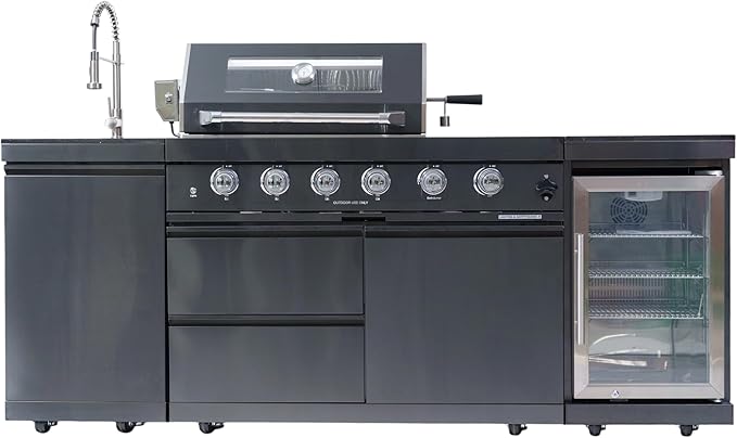 85 Inches 4-Burner 72,000 BTU Deluxe Stainless Steel Propane Gas Grill Outdoor Kitchen Island,Sink,Beverage Refrigerator Storage & Rotisserie Kit for Patio Backyard Cooking,Black