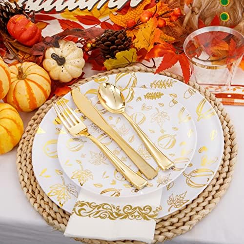 LIYH Gold Fall 175 Pcs Heavy Duty Plastic Thanksgiving Plates 25 Guests