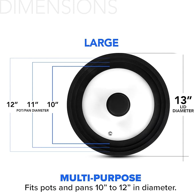 Large Silicone & Glass Universal Lid (10.5 to 12 Inches) - BPA-Free Silicone Lid with Stay Cool Handle & Tempered Glass Top - Dishwasher Safe - Universal Lid for Pots, Pans, Skillets, Cast Iron