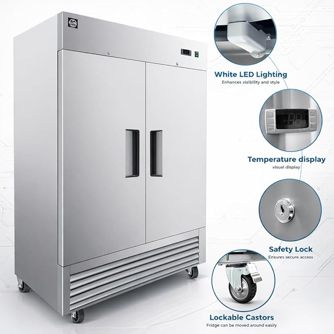 Commercial Refrigerator 2-Doors Solid Upright Reach in Two Section Inside Stainless Steel 54" Width, Capacity 43 Cuft, Bottom Mounted Restaurant Quality Kitchen Cooler Fridge, NSF Certified
