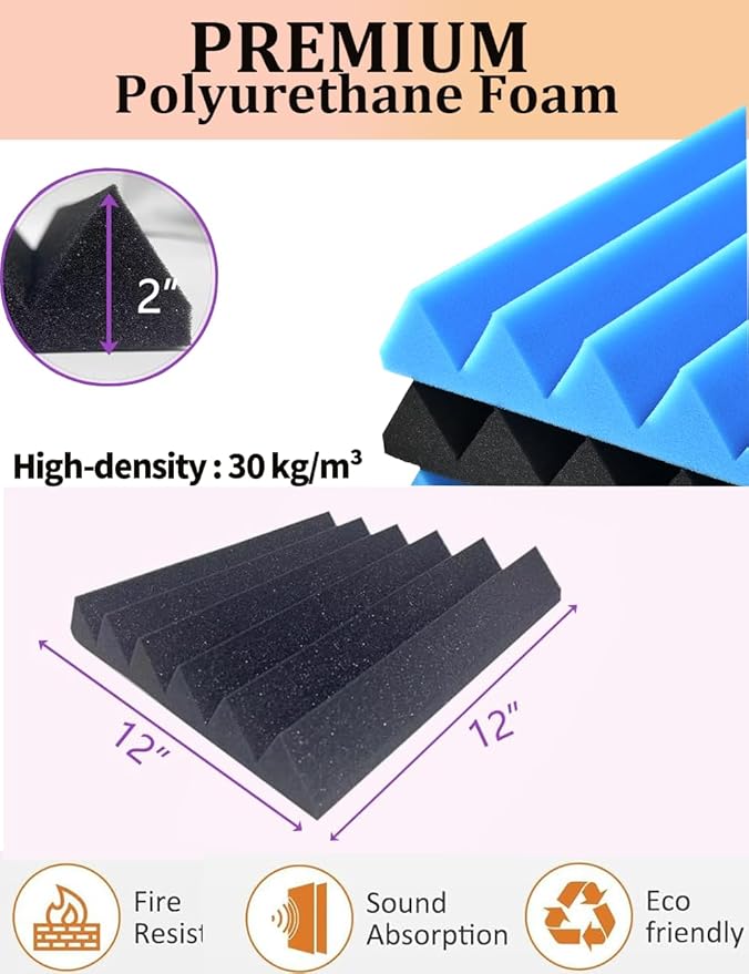 Sound Proof Foam Panels for Wall 24 Pack Acoustic Panels Sound Absorbing 2" X 12" X 12" Fire-Proofed Soundproofing Foam High Density Sound Dampening Panels for Room Studio