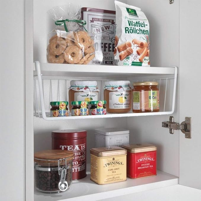 Modern Home Under Shelf Wire Storage Baskets – Hanging Organizer Rack for Cabinet, Pantry, or Closet – White Metal Basket for Kitchen, Towels, or Office – No Tools Required (Set of 2 19")