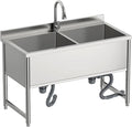 47" Stainless Steel Commercial Sink 2 Bowl Freestanding Kitchen Sink with Pull-out Faucet, Large Utility Sink for Kitchen, Dishwashing, Thawing, Laundry Room, Garage, Outdoor, Total Capacity 50 Gallon