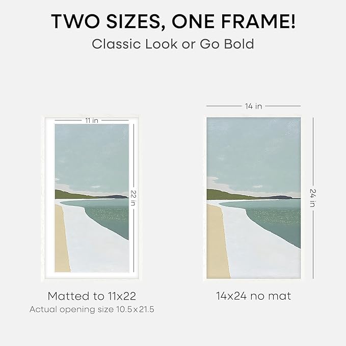 Homeforia 14x24 White Picture Frame, High End Oak 14x24 White Wooden Poster Frames with Mat 11x22 for Print, 14 x 24 Wood Frame Matted to 11 x 22 Photo, 24x14 Frame, Tempered Glass, Wall Kit, Set of 2
