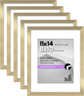 Americanflat 11x14 Picture Frame with Polished Plexiglass - Set of 5 - Use as 8x10 Frame with Mat or Display 11x14 Photo Without Mat - Galleria Collection - Picture Frames for Wall Display - Gold