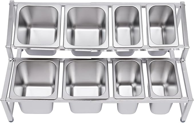 Pizza Topping Station Organizer Condiment Container Dispenser with 8 Pans & Lids, Stainless Steel Ingredients Food Container Countertop Spice Rack Shelf Holder for Seasoning Sauce Salad Jam Fruits