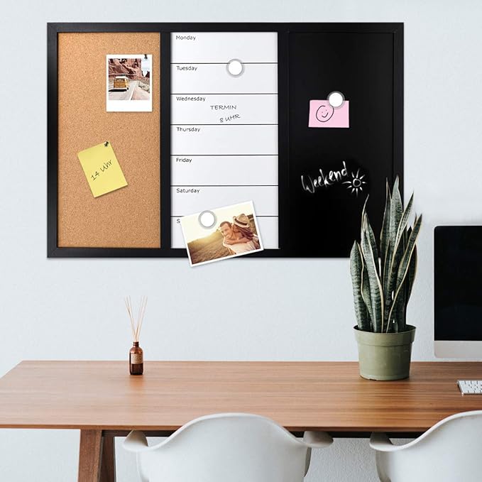 Navaris Combination Board Cork/Whiteboard/Chalkboard - 24 x 36 inches Combo Bulletin Magnetic Dry Erase Chalk Board Weekly Planner Message Organizer