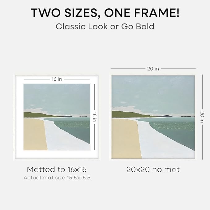 Homeforia 20x20 White Picture Frame, High End Oak 20 x 20 Square Wood Frames with Mat 16 by 16 inches Photo, 20by20 White Wooden Poster Frames Matted to 16x16 Print, Tempered Glass, Wall Kit, Set of 3