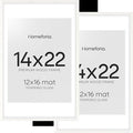 Homeforia 14x22 Picture Frame White, High End Oak 14x22 White Wood Frame with Mat 12x16 Photo, 14 x 22 Wooden Poster Frames Matted to 12 by 16, 22x14 Hanging Frames, Tempered Glass, Wall Kit, Set of 2