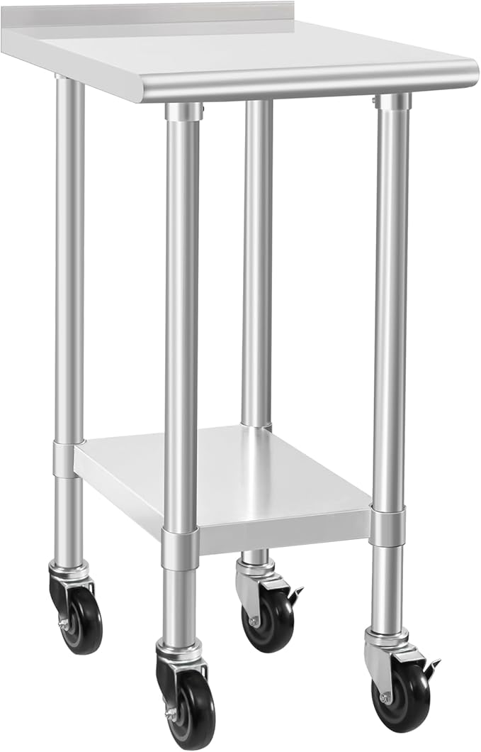 HARDURA Stainless Steel Commercial Work Table with Wheels Prep & Work Metal Table 24×18 Inches Heavy Duty NSF with Casters and 2" Backsplash