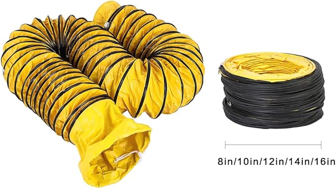12IN Ducting Hose PVC 16FT Flexible Duct Hosing with Adjustable Rope S Hook & Steel Support for Utility Blower Exhaust Fan (12''x16ft)