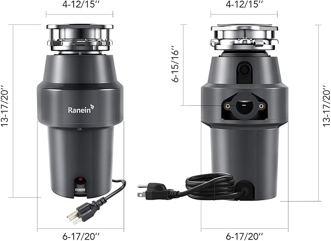 Ranein 1/2 HP Garbage Disposal with Power Cord, Quiet Stainless Steel Grinding, Continuous Feed Kitchen Sink Food Waste Disposer, DeepCut Fine Grinding Anti-Clog System