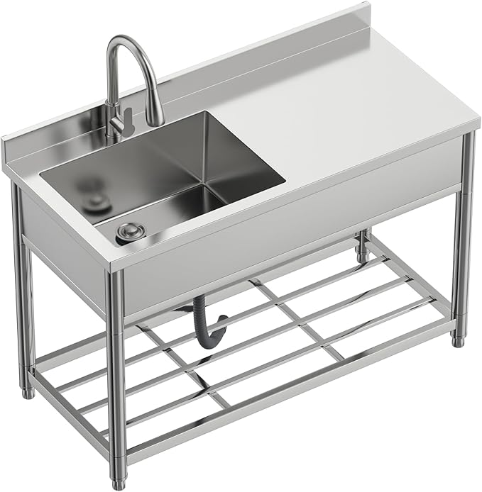 Commercial Sink with Drainboard, Stainless Steel Utility Sink with Pull-out Faucet, Free Standing Single Bowl Kitchen Sink with Workbench for Restaurant, Garage, Outoor, 21.7"D x 47.2"W x 37"H
