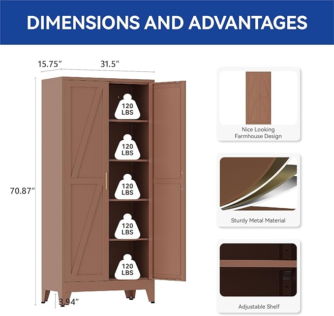COFaR 71'' Tall Metal Pantry Cabinet, Kitchen Storage Cabinet with Doors and Shelves, Freestanding Farmhouse Food Cupboard for Kitchen Dinning Room Garage, Brown 5-Tier