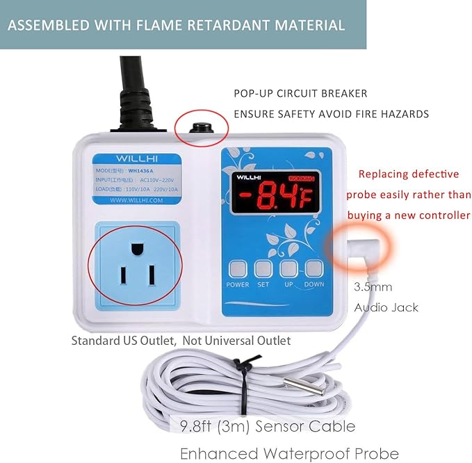 WH1436A 10A Temperature Controller 110V Digital Thermostat Switch Sous Vide Controller NTC 10K Sensor Improved Version