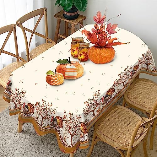 Fall Thanksgiving Double Border Decoration Tablecloth, Turkey & Pumpkin Harvest Tablecloths, Waterproof Table Cover for Dinner Kitchen Party Holiday Decorations Oval 54 x 72 Inch