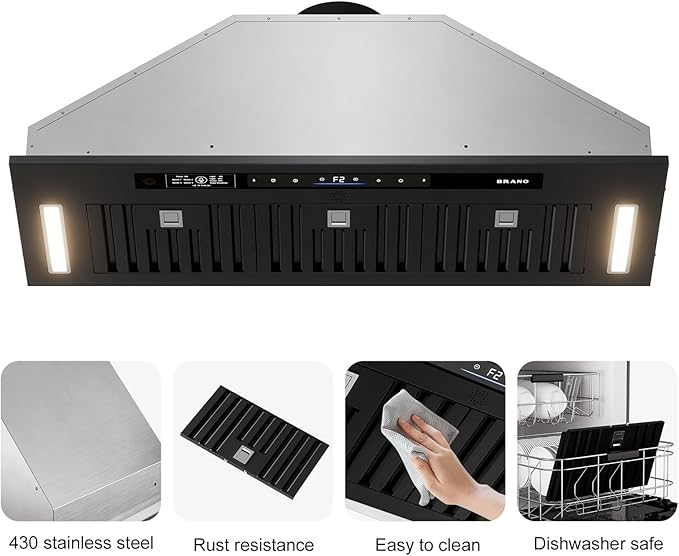 BRANO Range Hood Insert 36 Inch, 900 CFM Voice/Gesture/Touch Control Build-in Kitchen Hood Vent with 4 Speed Exhaust Fan, Memory Mode, Adjustable Lights, Ducted/Ductless Convertible