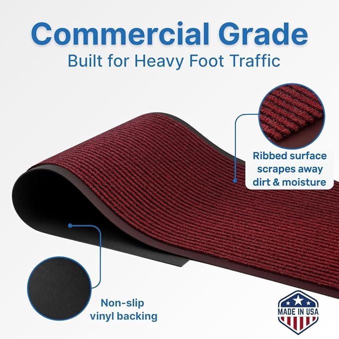 Consolidated Plastics Brush Dry Mat - Made in USA, Heavy-Duty Commercial DoorRug for Indoor/Outdoor Entryways, Non-Slip Backing for High-Traffic Areas (3' W x 10' L, Red)