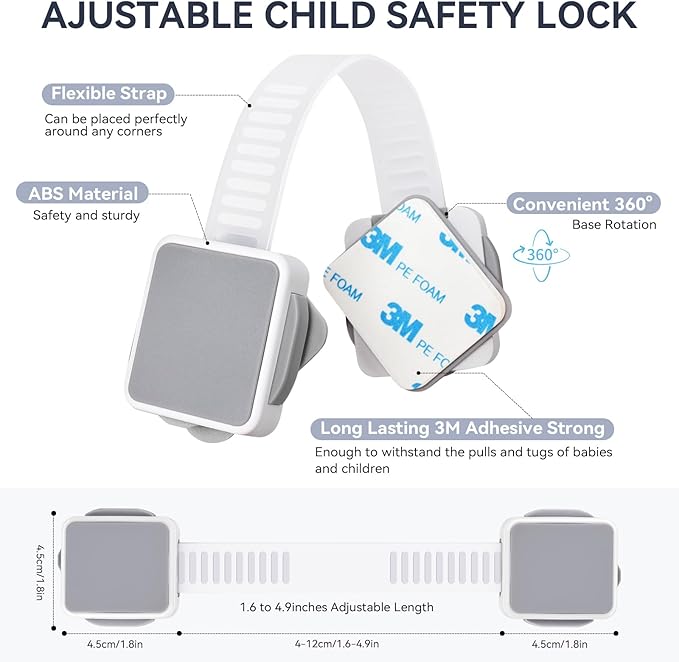 6 Pack Child Safety Cabinet Locks for Baby Proofing, Length Adjustable Latch Straps Dual Button Design for Drawers Fridge Refrigerator Doors Toilet Seat Oven
