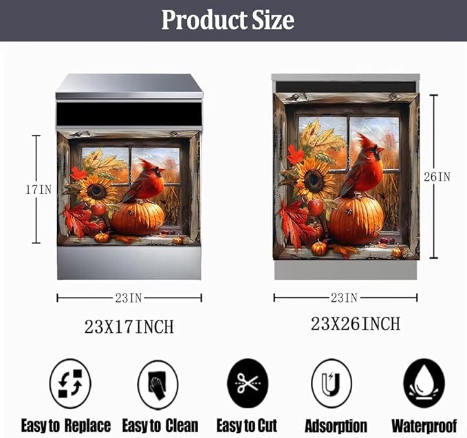 Dishwasher Magnetic Cover, Cardinal Bird Dishwasher Magnet Kitchen Decor, Pumpkin Dishwasher Cover Magnetic Refrigerator Sticker Holiday Decal, 26"x17"