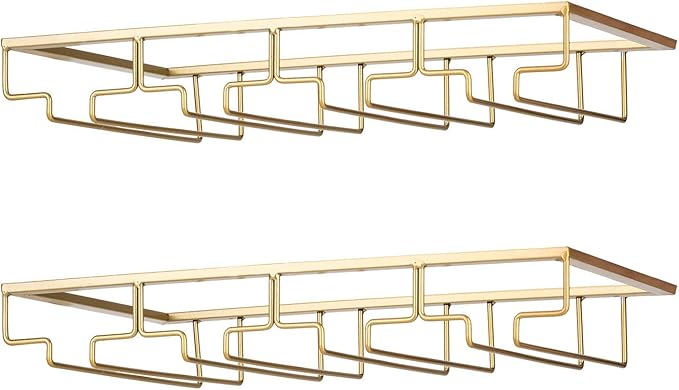Wine Glass Rack - Under Cabinet Stemware Wine Glass Holder Glasses Storage Hanger 2 Pack Metal Organizer for Bar Kitchen Gold