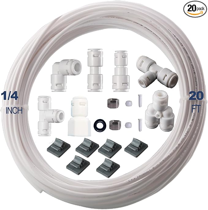 20PCS 1/4" Ice Maker & Refrigerator Water Line Kit - Complete Installation Solution for Ice Makers & Fridges (20FT Water Line with 19 Quick Fittings) Compatible with Reverse Osmosis Systems