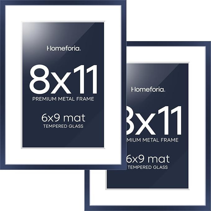 Homeforia 8x11 Picture Frame Navy Blue, High End Metal 8 x 11 Poster Frames with Mat 6 by 9 Photo, 11x8 Frame Matted to 6x9 inch Print, 8by11 Wall or Tabletop Frame, Tempered Glass, Wall Kit, Set of 2