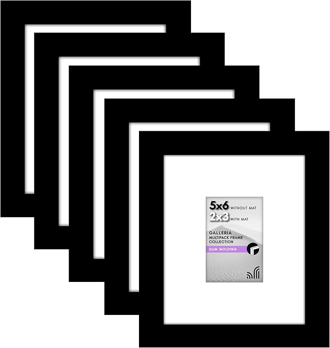 Americanflat 5x6 Picture Frame with Polished Plexiglass - Set of 5 - Use as 2x3 Frame with Mat or Display 5x6 Photo Without Mat - Galleria Collection - Picture Frames for Tabletop and Wall - Black