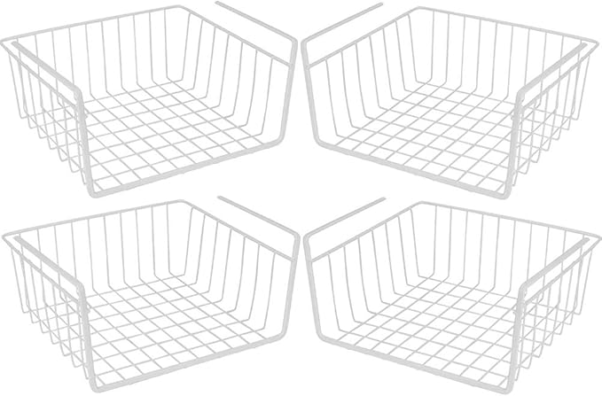 Modern Home Under Shelf Wire Storage Baskets – Hanging Organizer Rack for Cabinet, Pantry, or Closet – White Metal Basket for Kitchen, Towels, or Office – No Tools Required (Set of 4 11")