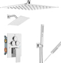 Aolemi Shower Faucet Set Ceiling Mount Shower System Rough-in Valve and Shower Trim Kit 2 in 1 Handheld Spray Push Button Diverter 12 and 6 Inch Dual Shower Head Polish Chrome