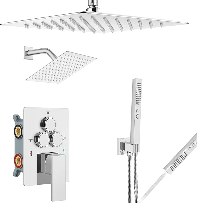Aolemi Shower Faucet Set Ceiling Mount Shower System Rough-in Valve and Shower Trim Kit 2 in 1 Handheld Spray Push Button Diverter 12 and 6 Inch Dual Shower Head Polish Chrome