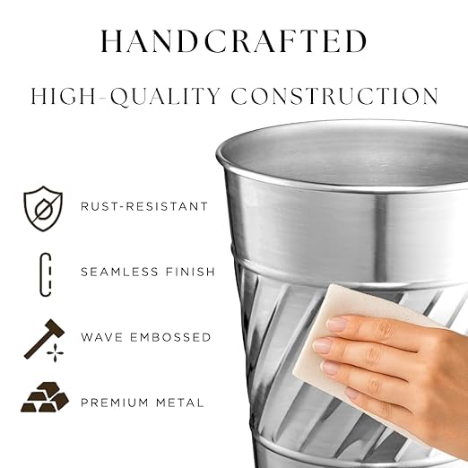 Monarch Abode Metal Bathroom Trash Can – Waste Basket for Bedroom, Office Desk, & Dorm, Handcrafted Wave Embossed, Durable Decorative Nickel Chrome Small Trash Can Bathroom Garbage Bin Wastebasket