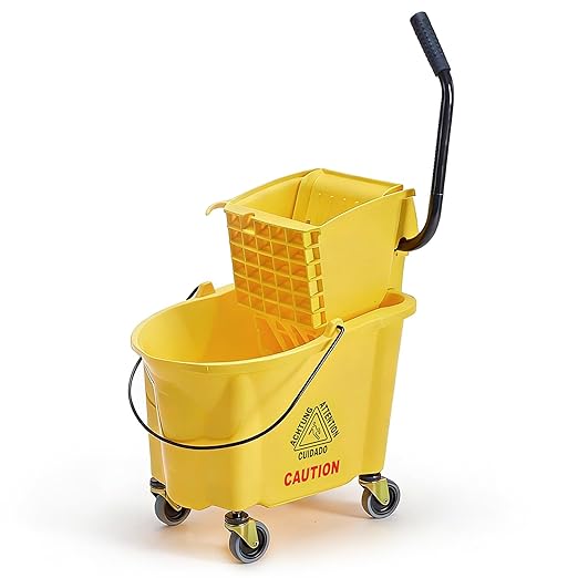DUMOS 38-Quart Commercial Mop Bucket with Side-Press Wringer, Heavy-Duty Floor Cleaning System, Durable Wringer & Non-Marking Casters, Yellow