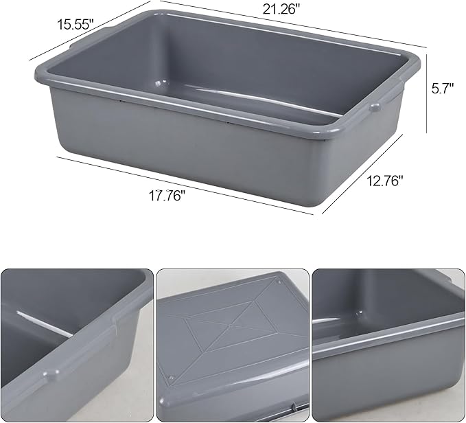 4 Pack 22 Liters Food Grade Bus Tub, Large Commercial Bus Bin Boxes, Grey Dishpan Basin