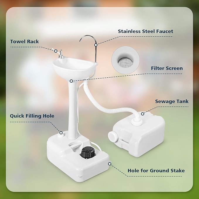 GYMAX Portable Camping Sink, Hand Wash Station with 4.5 Gal Water Tank 6.5 Gal Sewage Tank, Soap Dispenser, Towel Holder, Hands-Free Foot Pump, Indoor/Outdoor Rolling Wash Basin