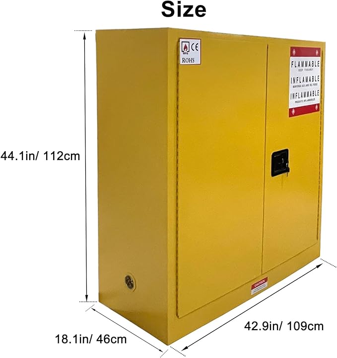 Flammable Safety Cabinet, 43" W x 18" D x 44" H, Suitable for Storing up to 30 Gallons, Cold-Rolled Steel fire Resistant Cabinet with Adjustable Shelves, 2 Manual Closing Doors for Industrial Use