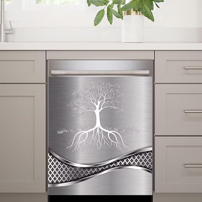 Stainless Steel Design Tree Wallpaper Dishwasher Magnetic Cover Sticker Refrigerator Door Panel Fridge Appliance Magnet Decal Sheet Kitchen Decor 23x17 inch