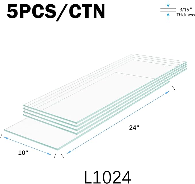 Floating Shelves - Pack of 5 Tempered Glass Shelves, 10" W x 24" L, 3/16" Thick, Polished Edges-– Rectangular Replacement Shelves for Cabinets, Display Cases & Retail Fixtures