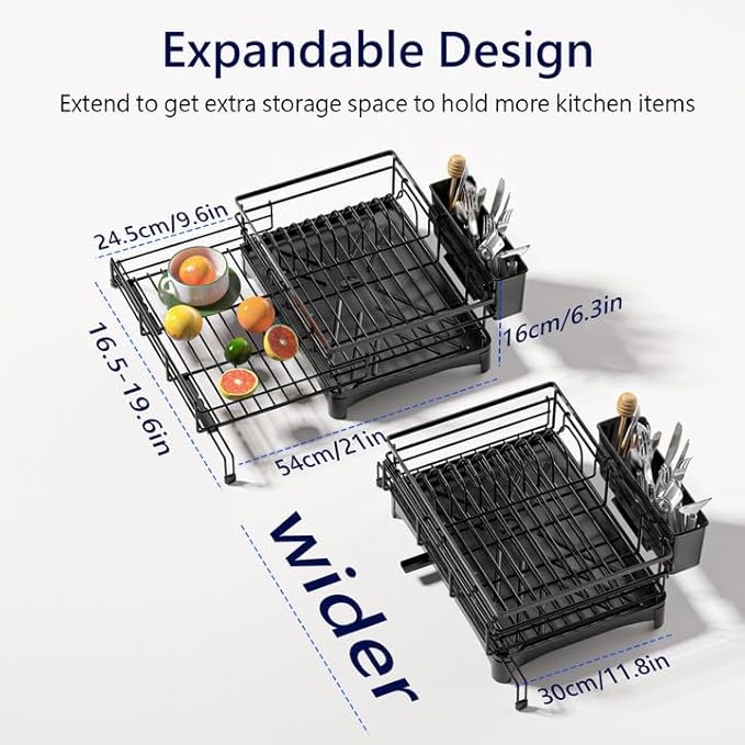 MIKEE Large Dish Drying Rack for Kitchen Counter, Expandable Rustproof Dish Drainer - Over The Sink Dish Drying Rack with 360° Rotating Drain, Kitchen Utensil Holder, Home and Kitchen Organization