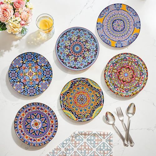 8.5 Inch Ceramic Dinner Plates Set of 6, Bohemian Appetizer Dessert Plates, Microwave Oven Dishwasher Safe, Hand Painted Artisan Design, Gift for Housewarming Thanksgiving
