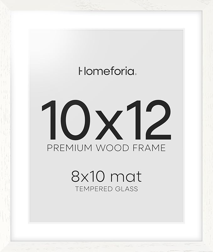 Homeforia White Frame 10x12 Wood, High End Oak 10x12 Picture Frames with Mat 8x10, 10 x 12 White Wooden Poster Frame Matted to 8 x 10 inch Photo, 12by10 Thin Frames, Tempered Glass, Wall Kit, Set of 1